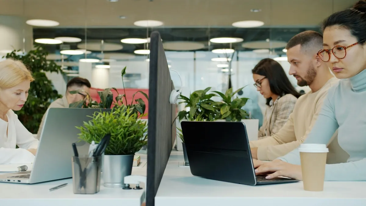 People working on laptops at shared desks in a bright open-plan office.